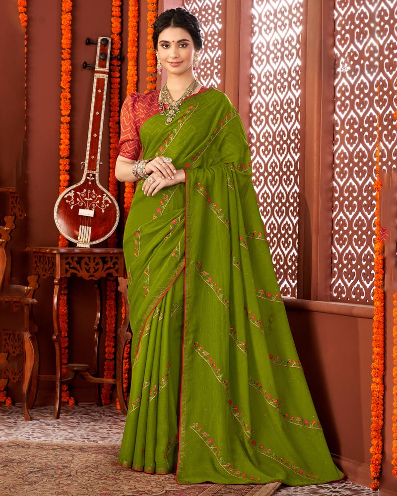 Vishal Prints Dark Olive Green Designer Chiffon Saree With Embroidery Diamond Work And Core Piping