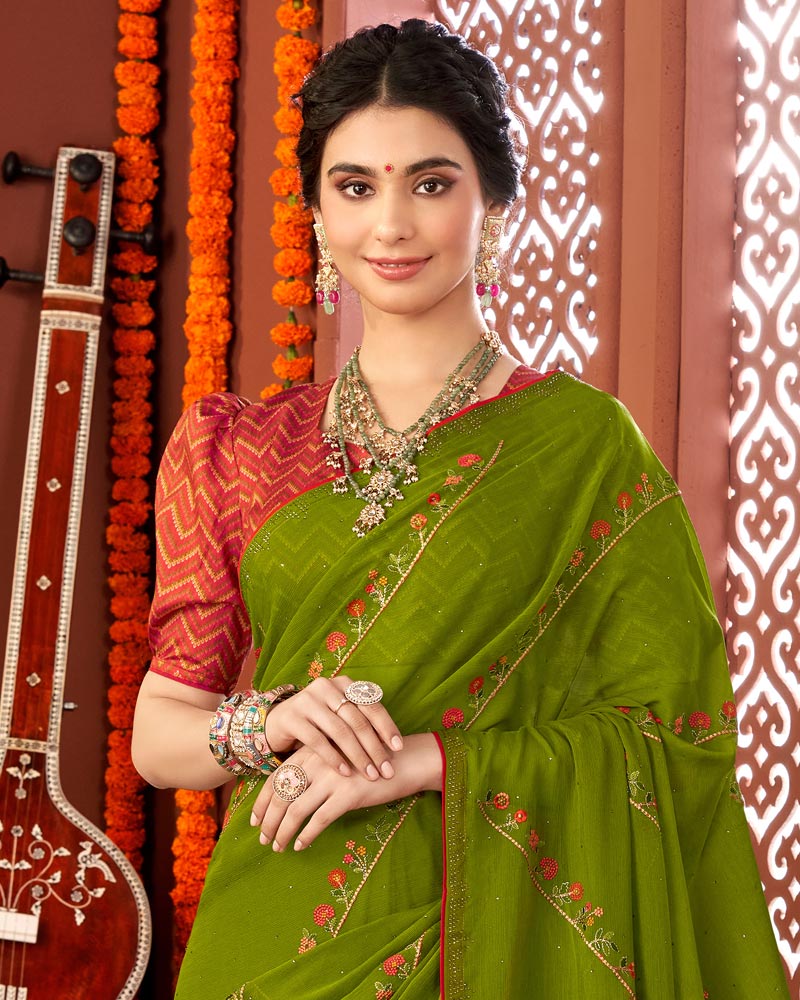 Vishal Prints Dark Olive Green Designer Chiffon Saree With Embroidery Diamond Work And Core Piping