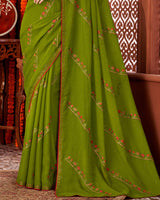 Vishal Prints Dark Olive Green Designer Chiffon Saree With Embroidery Diamond Work And Core Piping