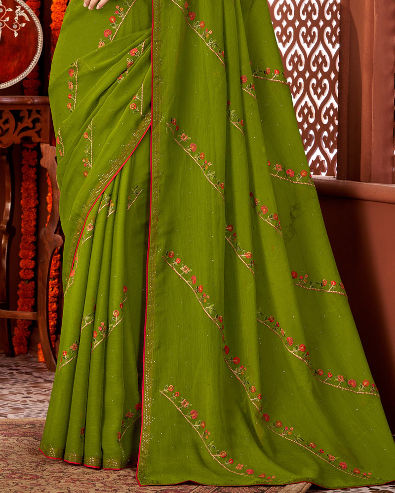 Vishal Prints Dark Olive Green Designer Chiffon Saree With Embroidery Diamond Work And Core Piping