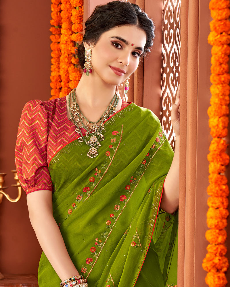 Vishal Prints Dark Olive Green Designer Chiffon Saree With Embroidery Diamond Work And Core Piping