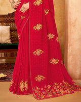 Vishal Prints Cherry Red Designer Chiffon Saree With Embroidery Diamond Work And Core Piping