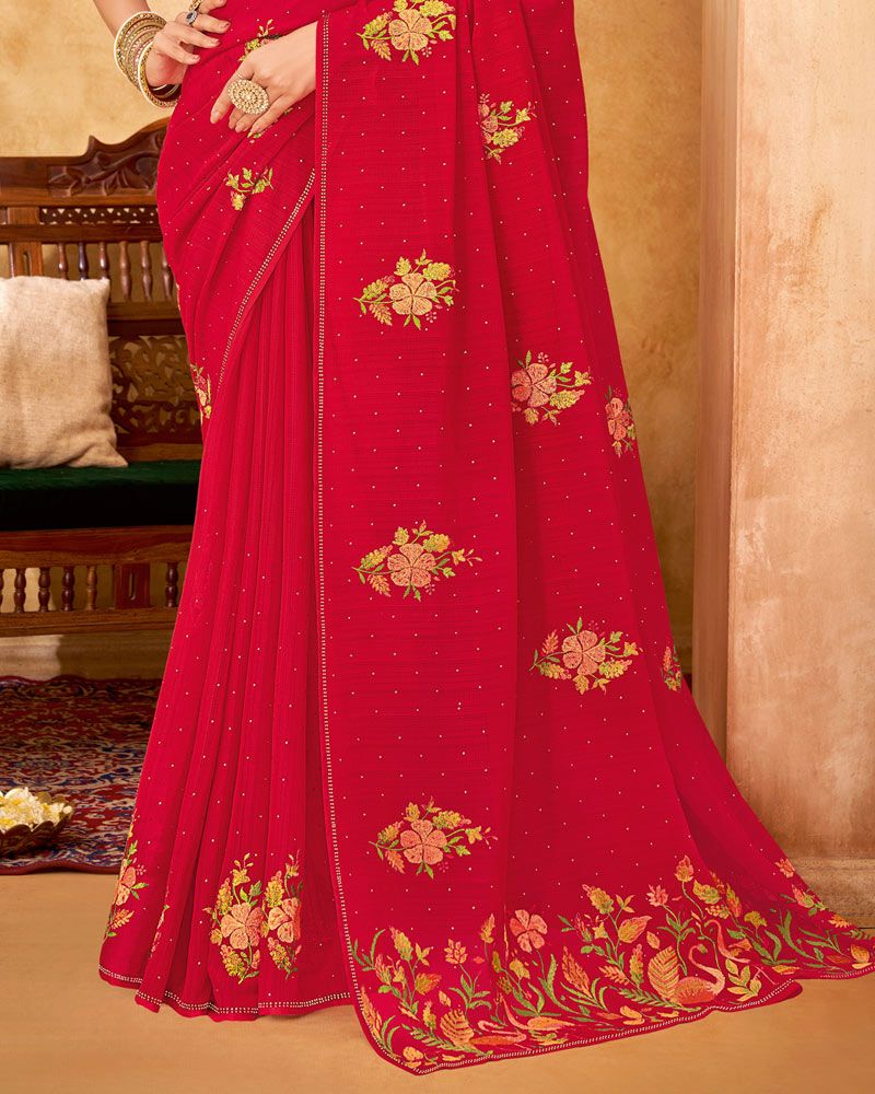 Vishal Prints Cherry Red Designer Chiffon Saree With Embroidery Diamond Work And Core Piping