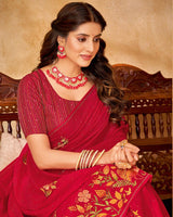 Vishal Prints Cherry Red Designer Chiffon Saree With Embroidery Diamond Work And Core Piping