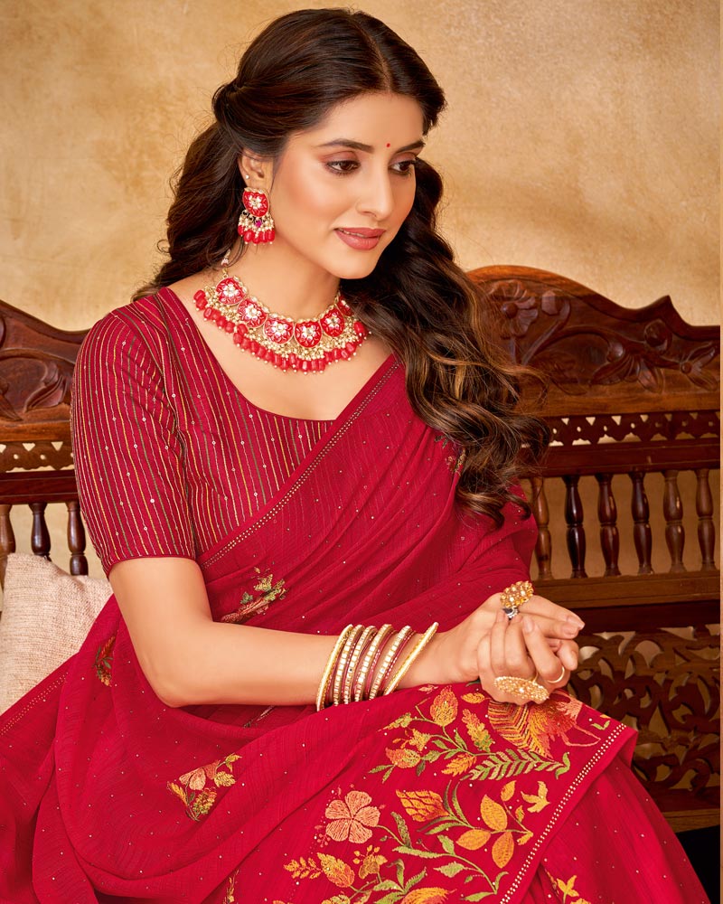 Vishal Prints Cherry Red Designer Chiffon Saree With Embroidery Diamond Work And Core Piping