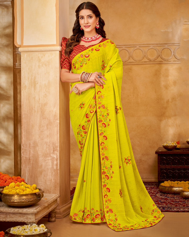 Vishal Prints Golden Yellow Designer Chiffon Saree With Embroidery Diamond Work And Core Piping