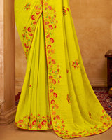 Vishal Prints Golden Yellow Designer Chiffon Saree With Embroidery Diamond Work And Core Piping