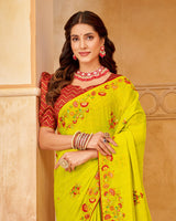 Vishal Prints Golden Yellow Designer Chiffon Saree With Embroidery Diamond Work And Core Piping
