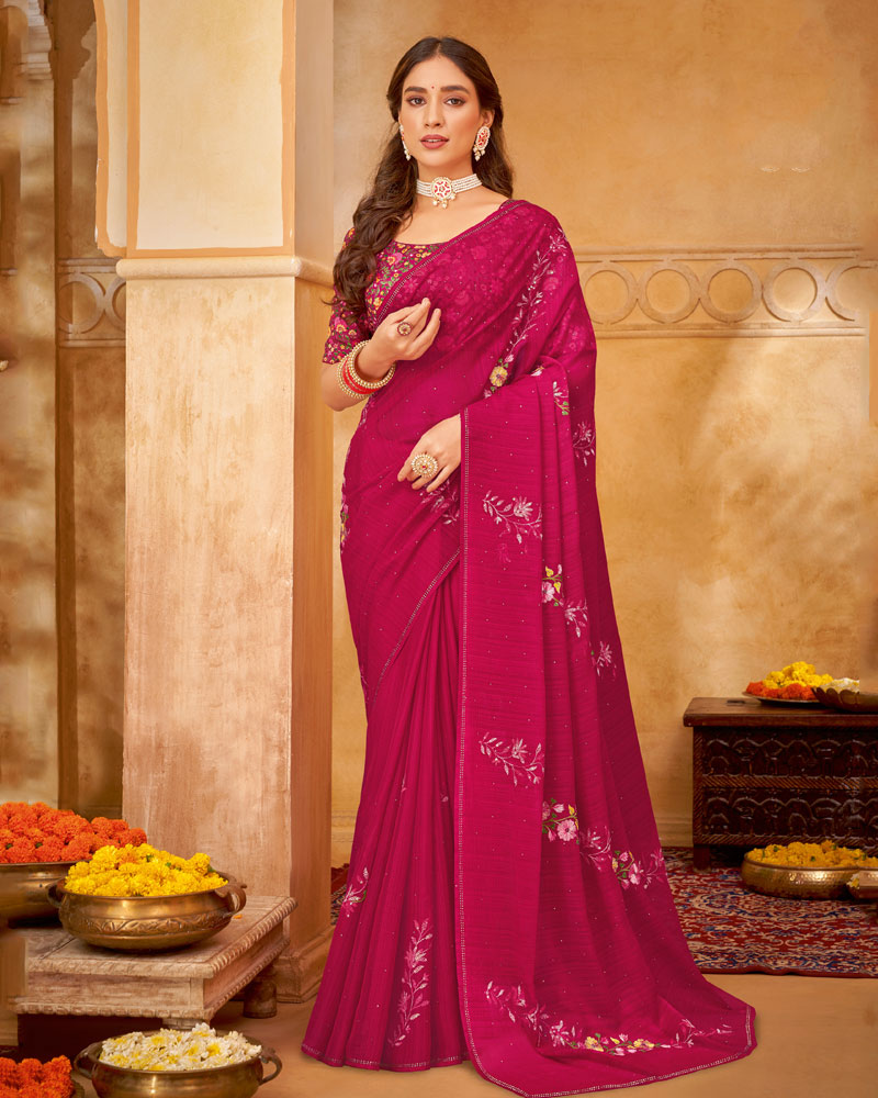 Vishal Prints Jazzberry Jam Pink Designer Chiffon Saree With Embroidery Diamond Work And Core Piping