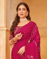 Vishal Prints Jazzberry Jam Pink Designer Chiffon Saree With Embroidery Diamond Work And Core Piping