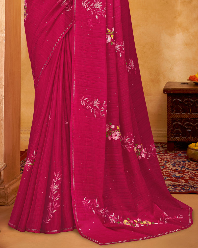Vishal Prints Jazzberry Jam Pink Designer Chiffon Saree With Embroidery Diamond Work And Core Piping