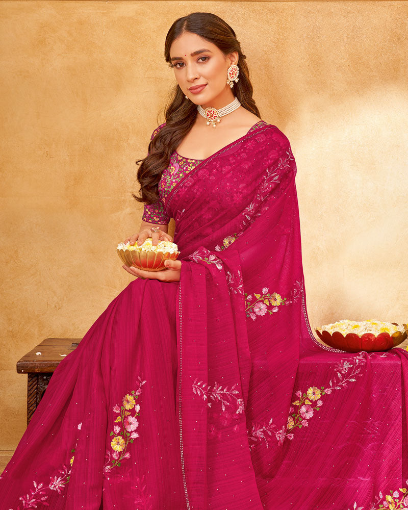 Vishal Prints Jazzberry Jam Pink Designer Chiffon Saree With Embroidery Diamond Work And Core Piping