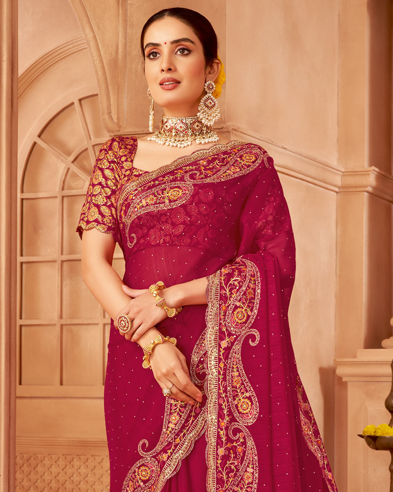 Vishal Prints Maroon Designer Chiffon Saree With Diamond Work And Cut Work Embroidery Border
