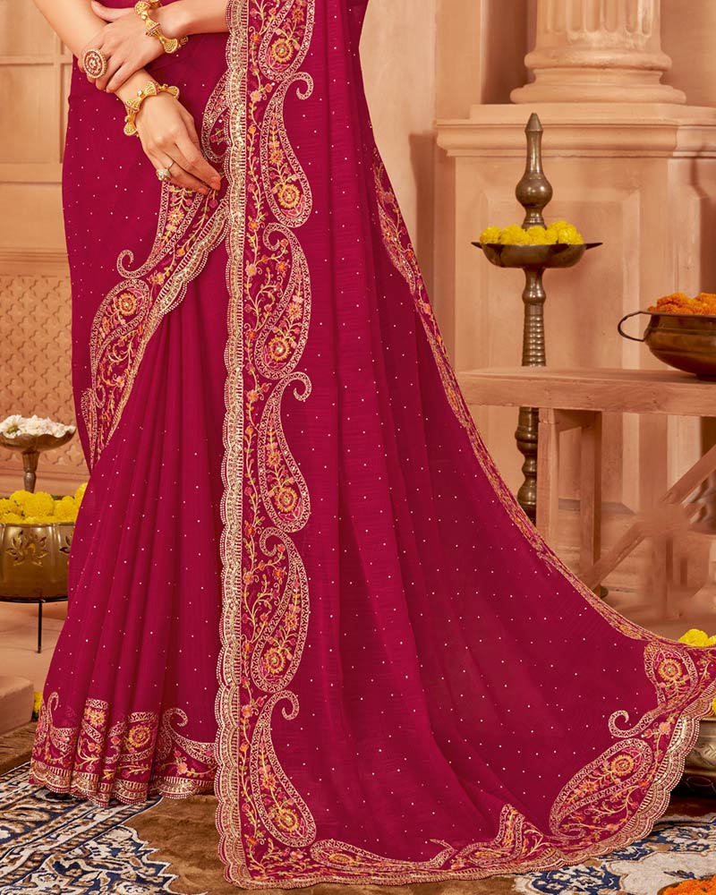 Vishal Prints Maroon Designer Chiffon Saree With Diamond Work And Cut Work Embroidery Border