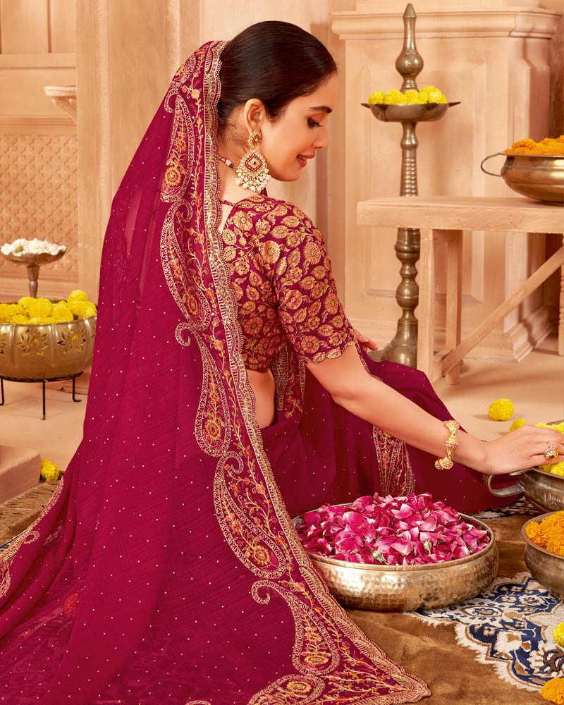 Vishal Prints Maroon Designer Chiffon Saree With Diamond Work And Cut Work Embroidery Border