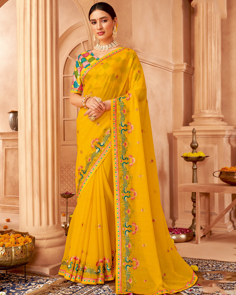 Vishal Prints Bright Yellow Designer Chiffon Saree With Diamond Work And Fancy Border