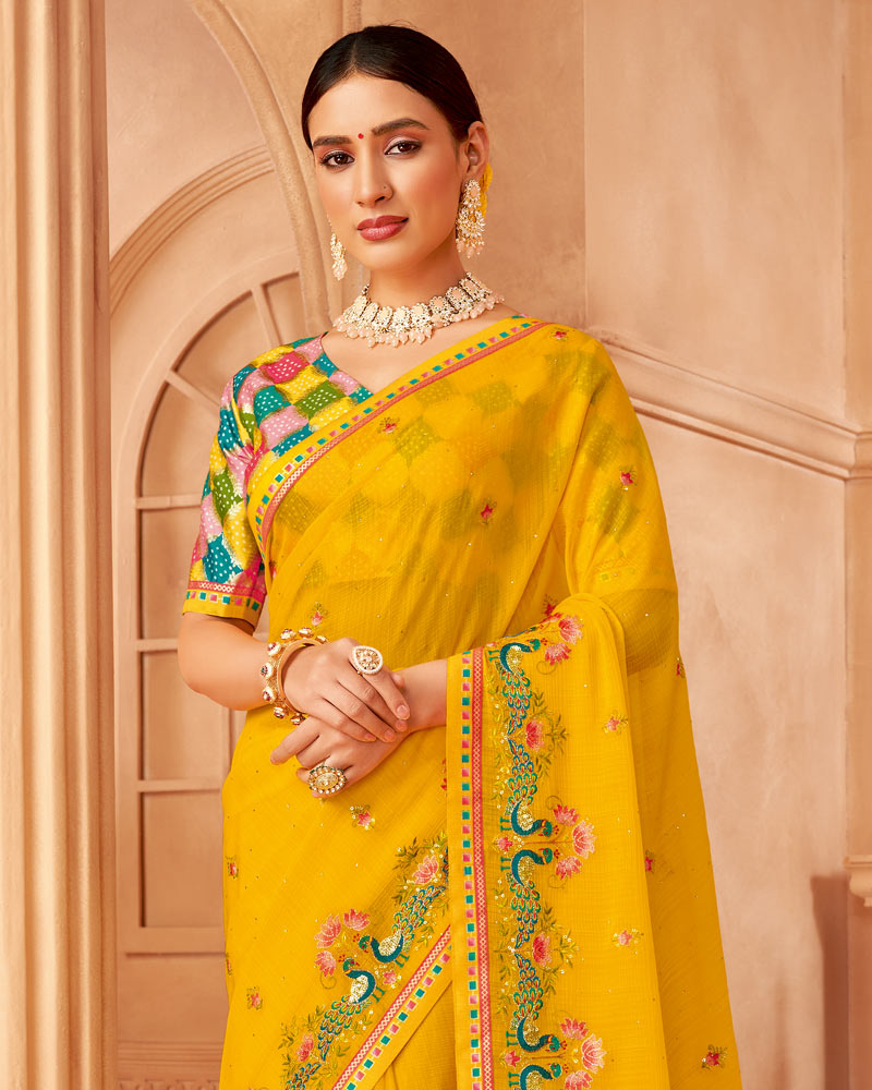 Vishal Prints Bright Yellow Designer Chiffon Saree With Diamond Work And Fancy Border