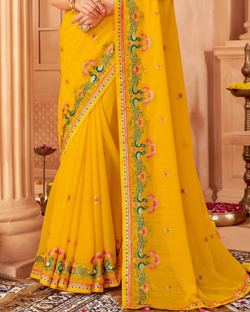 Vishal Prints Bright Yellow Designer Chiffon Saree With Diamond Work And Fancy Border