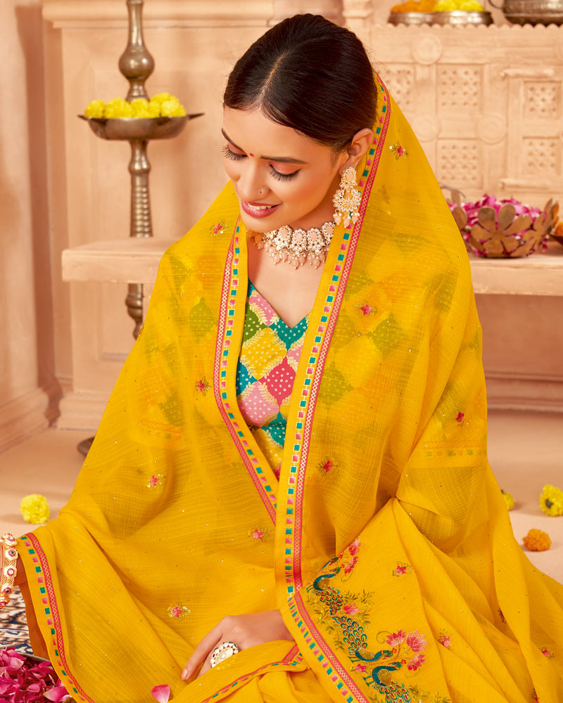 Vishal Prints Bright Yellow Designer Chiffon Saree With Diamond Work And Fancy Border
