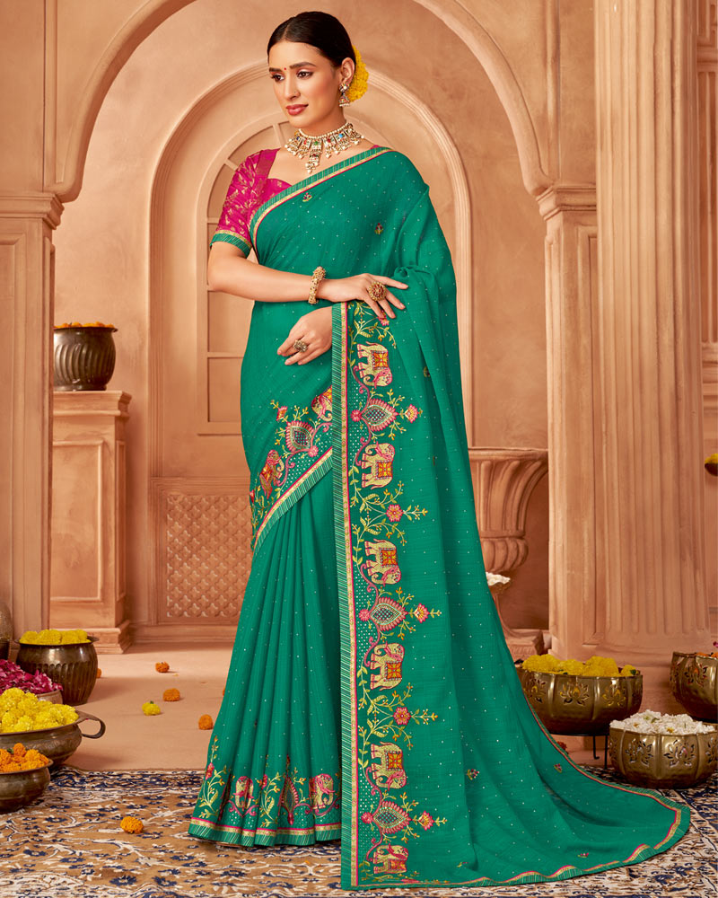 Vishal Prints Green Designer Chiffon Saree With Diamond Work And Fancy Border
