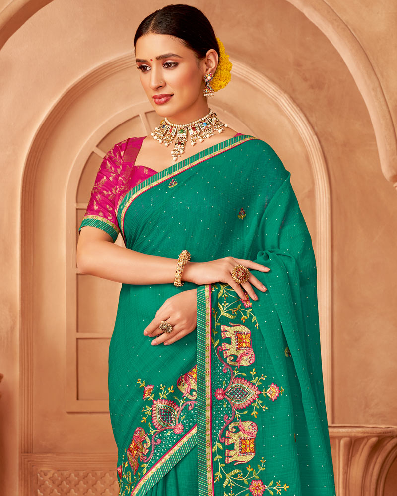 Vishal Prints Green Designer Chiffon Saree With Diamond Work And Fancy Border