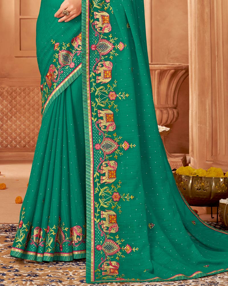 Vishal Prints Green Designer Chiffon Saree With Diamond Work And Fancy Border