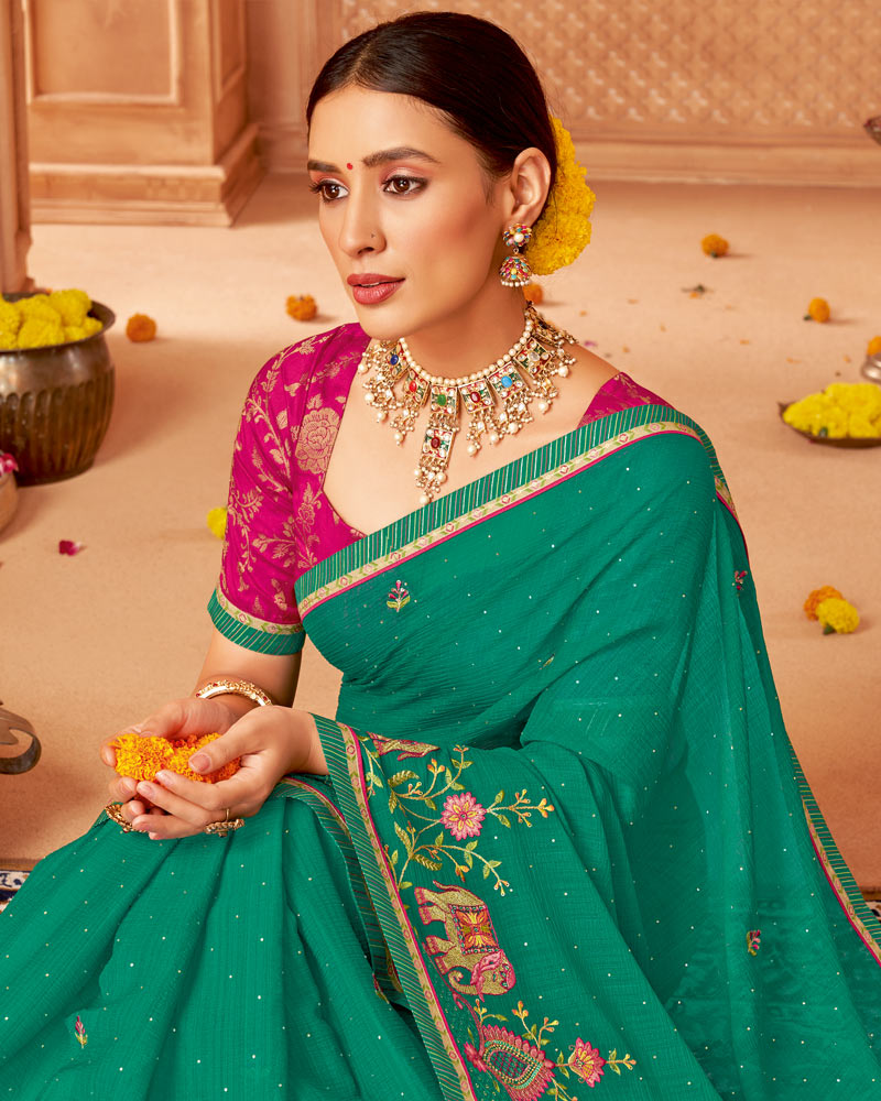 Vishal Prints Green Designer Chiffon Saree With Diamond Work And Fancy Border