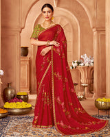 Vishal Prints Lipstick Red Designer Chiffon Saree With Diamond Work And Fancy Border