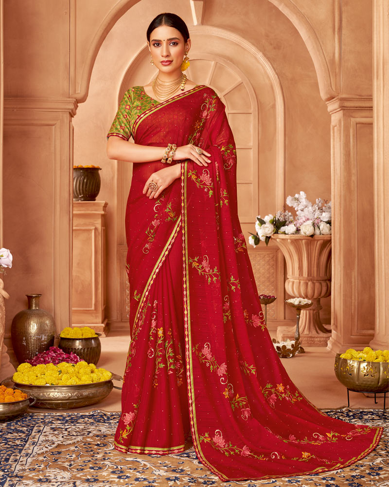 Vishal Prints Lipstick Red Designer Chiffon Saree With Diamond Work And Fancy Border