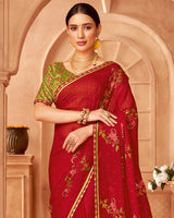 Vishal Prints Lipstick Red Designer Chiffon Saree With Diamond Work And Fancy Border