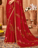 Vishal Prints Lipstick Red Designer Chiffon Saree With Diamond Work And Fancy Border
