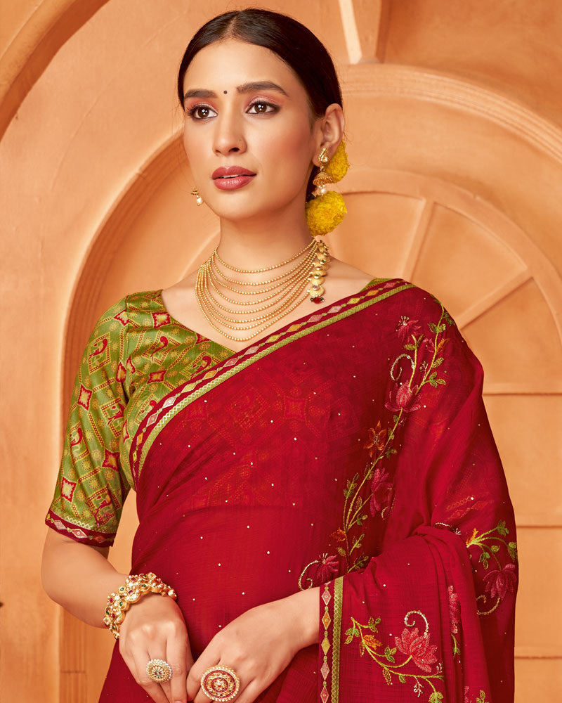 Vishal Prints Lipstick Red Designer Chiffon Saree With Diamond Work And Fancy Border