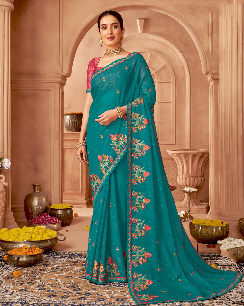 Vishal Prints Persian Blue Designer Chiffon Saree With Diamond Work And Fancy Border