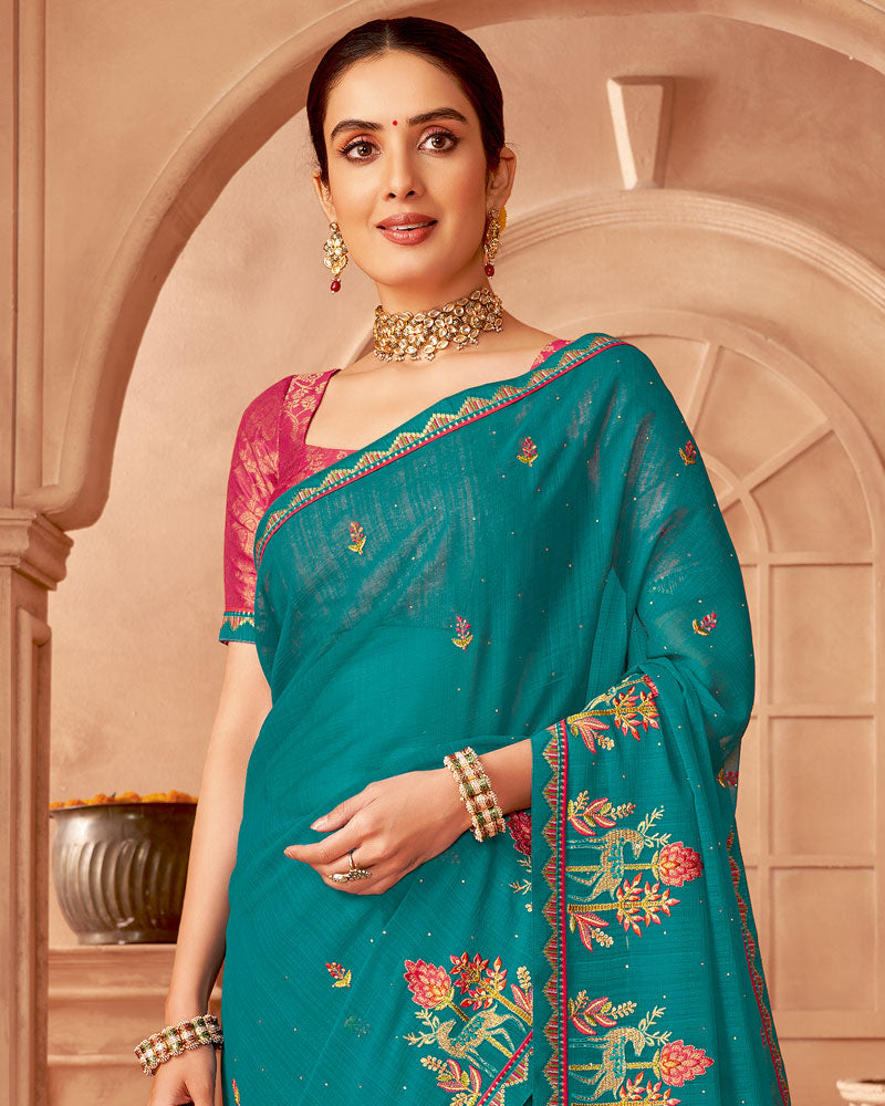 Vishal Prints Persian Blue Designer Chiffon Saree With Diamond Work And Fancy Border
