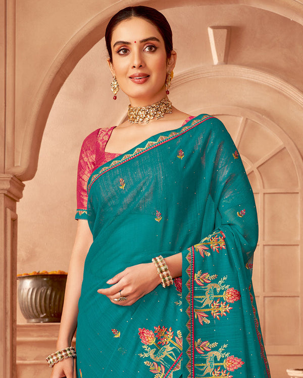 Vishal Prints Persian Blue Designer Chiffon Saree With Diamond Work And Fancy Border