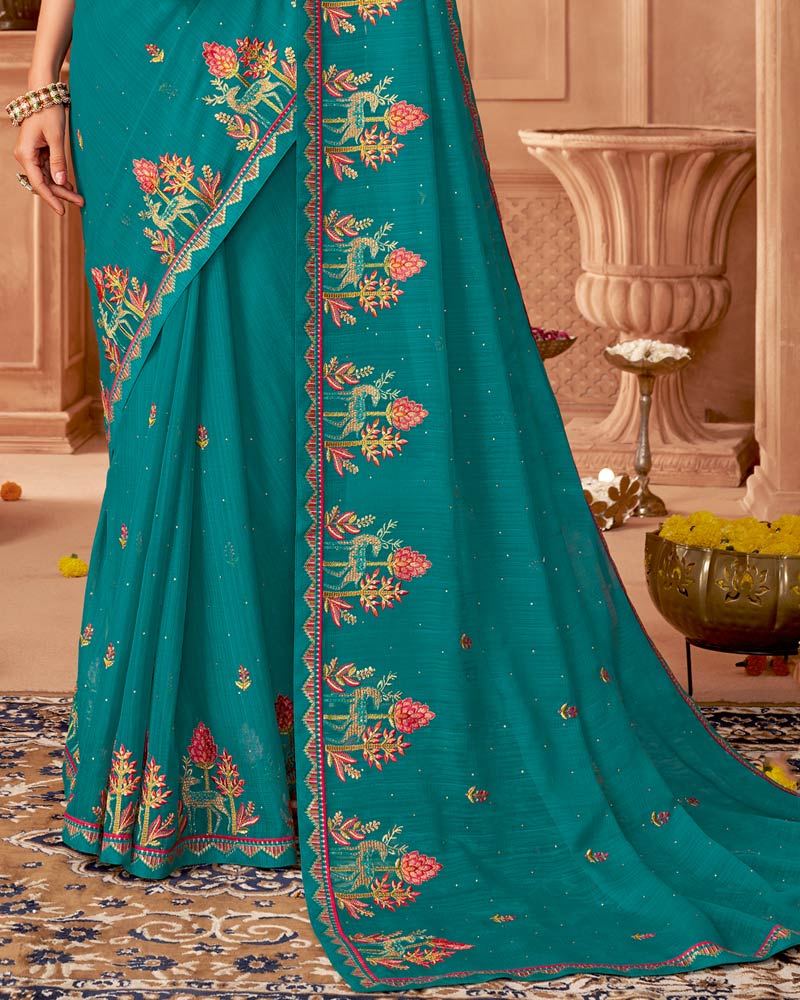 Vishal Prints Persian Blue Designer Chiffon Saree With Diamond Work And Fancy Border