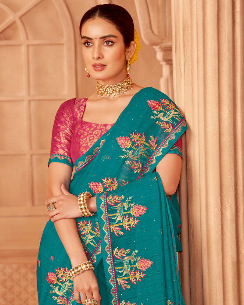 Vishal Prints Persian Blue Designer Chiffon Saree With Diamond Work And Fancy Border