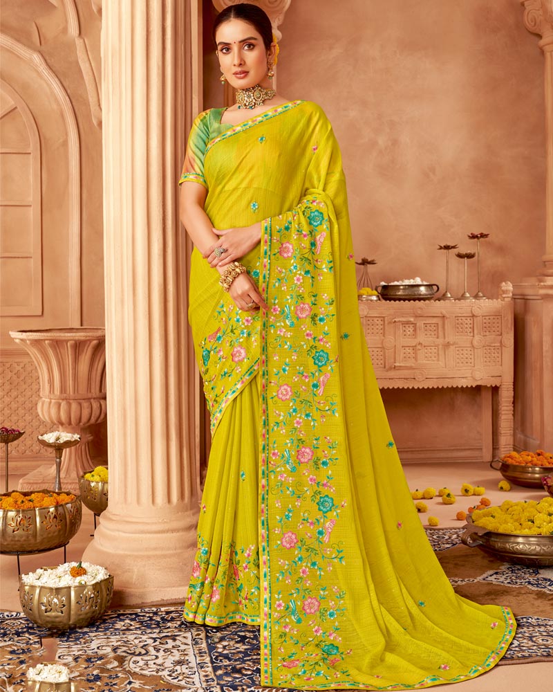 Vishal Prints Yellow Designer Chiffon Saree With Diamond Work And Fancy Border