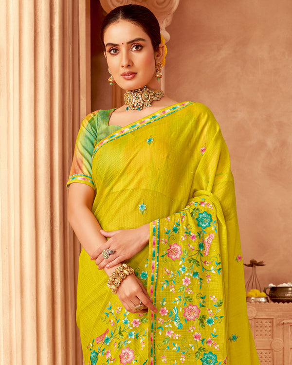 Vishal Prints Yellow Designer Chiffon Saree With Diamond Work And Fancy Border