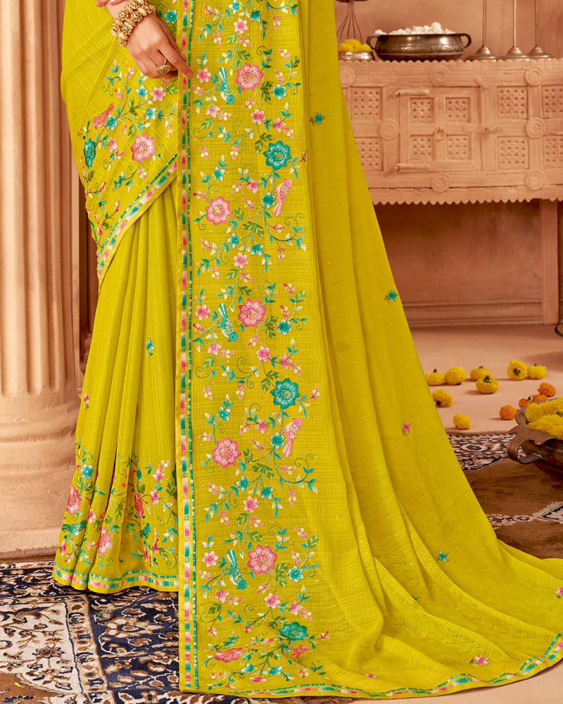 Vishal Prints Yellow Designer Chiffon Saree With Diamond Work And Fancy Border