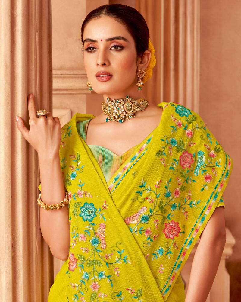 Vishal Prints Yellow Designer Chiffon Saree With Diamond Work And Fancy Border