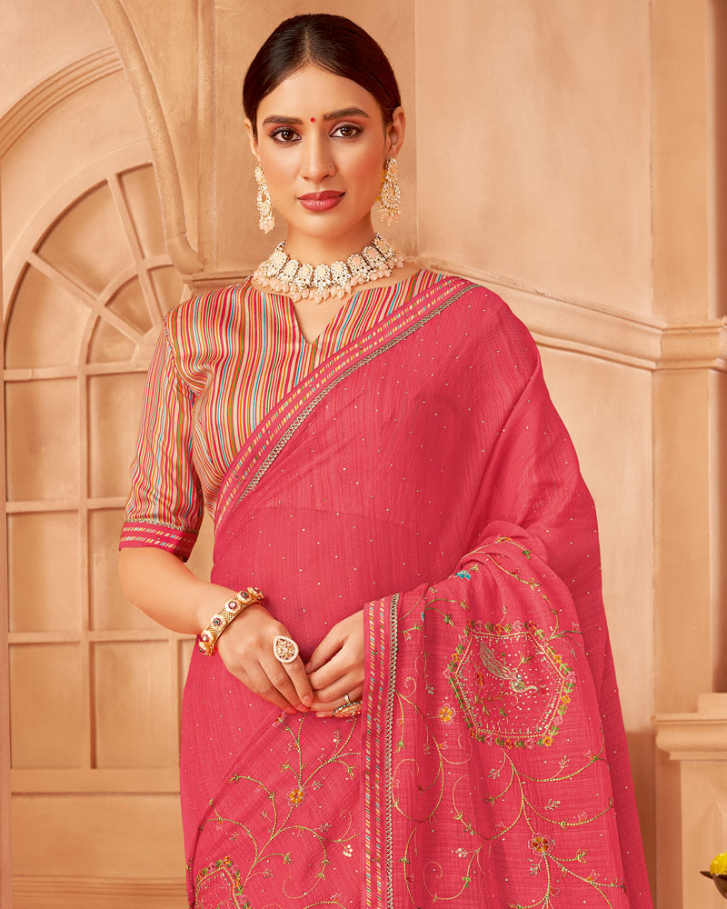 Vishal Prints Tomato Pink Designer Chiffon Saree With Diamond Work And Fancy Border