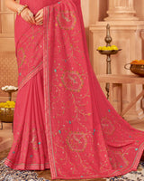 Vishal Prints Tomato Pink Designer Chiffon Saree With Diamond Work And Fancy Border