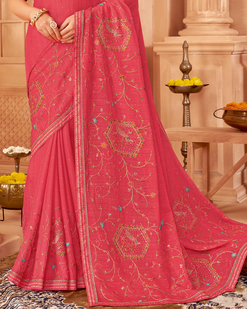 Vishal Prints Tomato Pink Designer Chiffon Saree With Diamond Work And Fancy Border