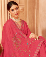 Vishal Prints Tomato Pink Designer Chiffon Saree With Diamond Work And Fancy Border