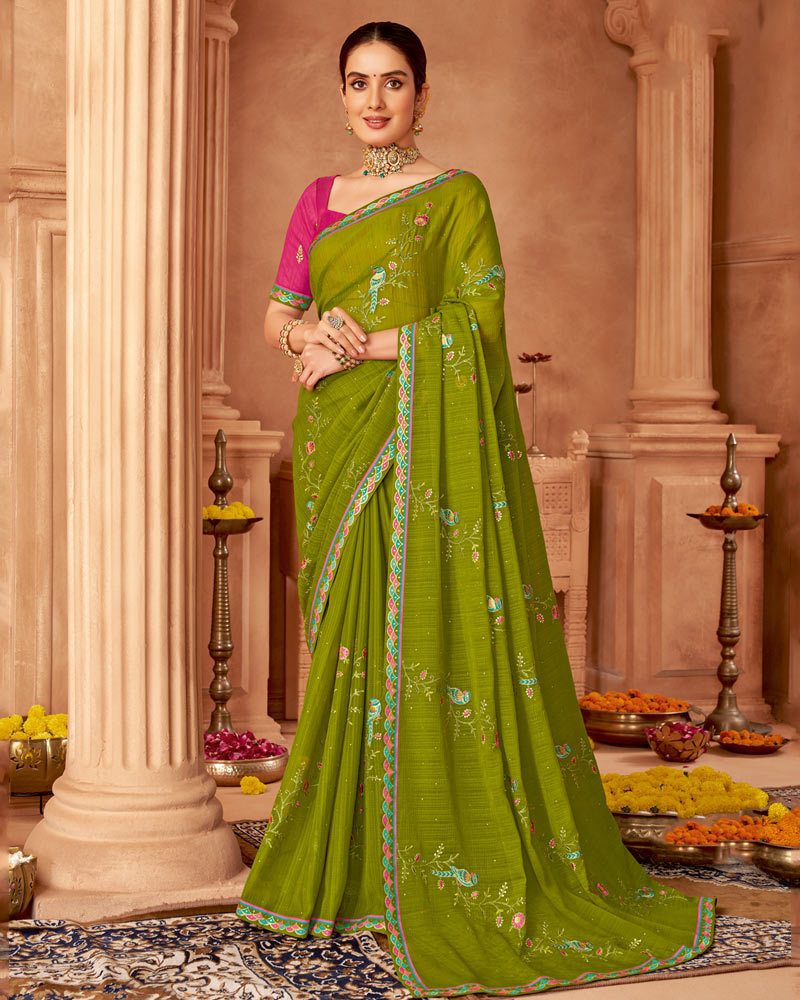 Vishal Prints Mehandi Green Designer Chiffon Saree With Diamond Work And Fancy Border