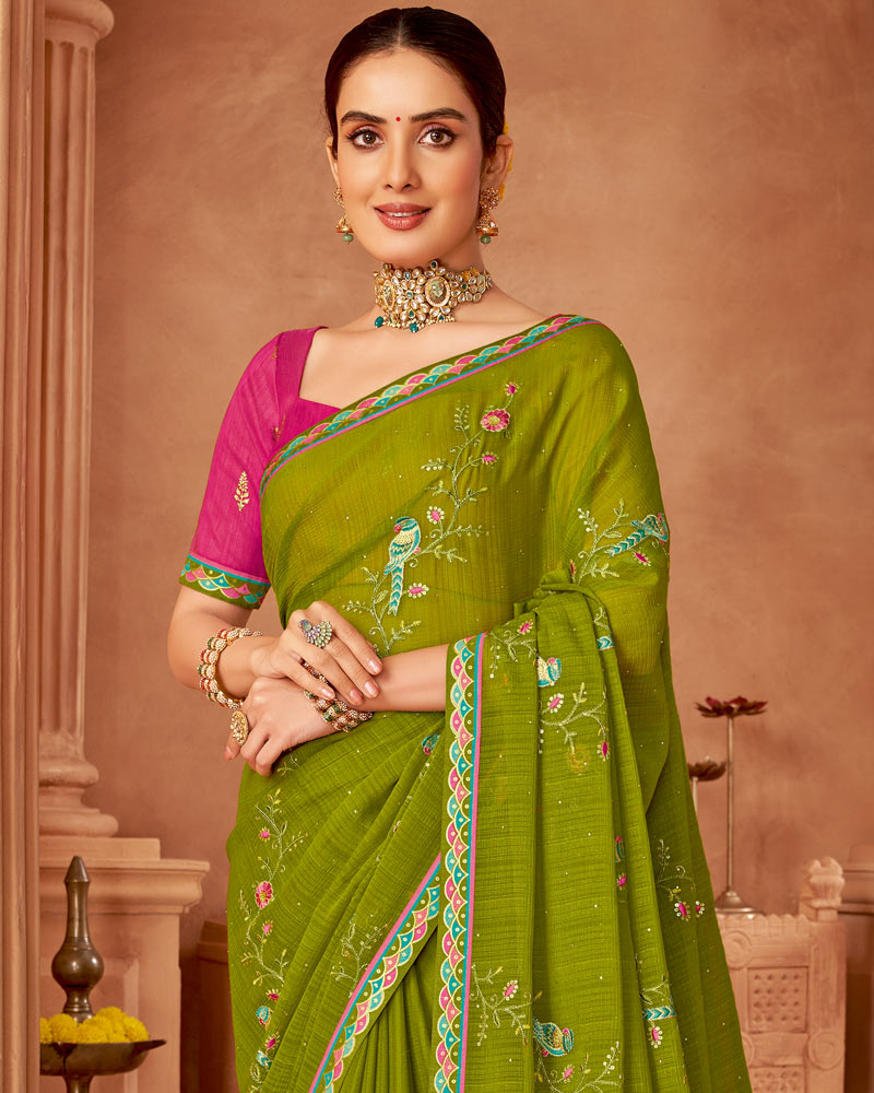Vishal Prints Mehandi Green Designer Chiffon Saree With Diamond Work And Fancy Border