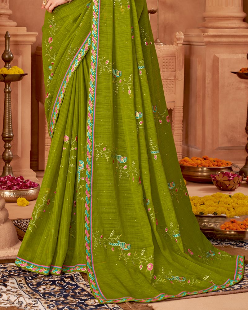 Vishal Prints Mehandi Green Designer Chiffon Saree With Diamond Work And Fancy Border
