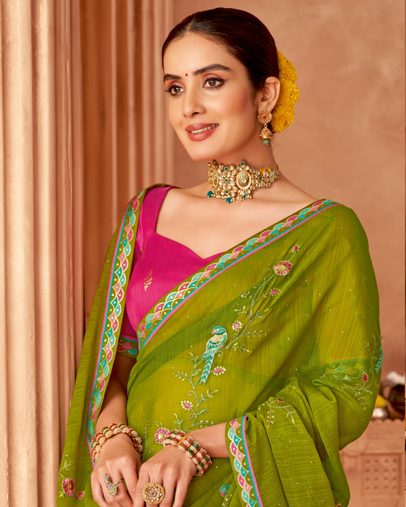 Vishal Prints Mehandi Green Designer Chiffon Saree With Diamond Work And Fancy Border