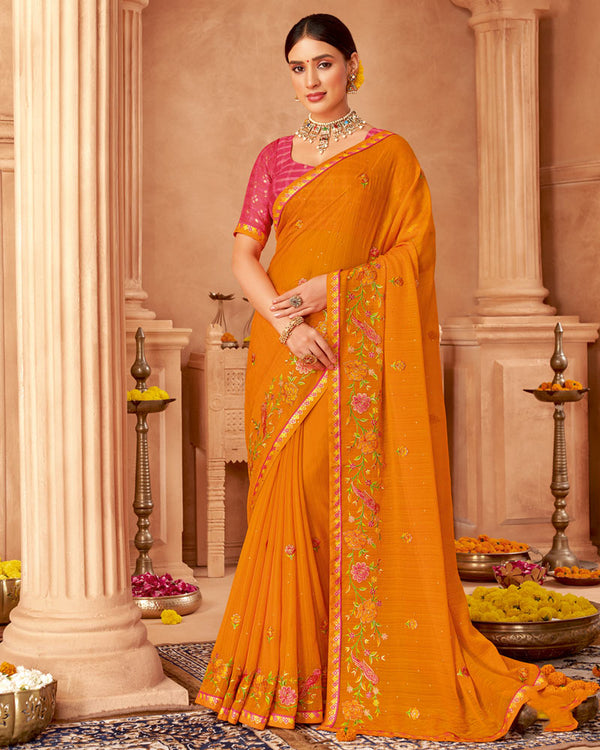 Vishal Prints Orange Designer Chiffon Saree With Diamond Work And Fancy Border